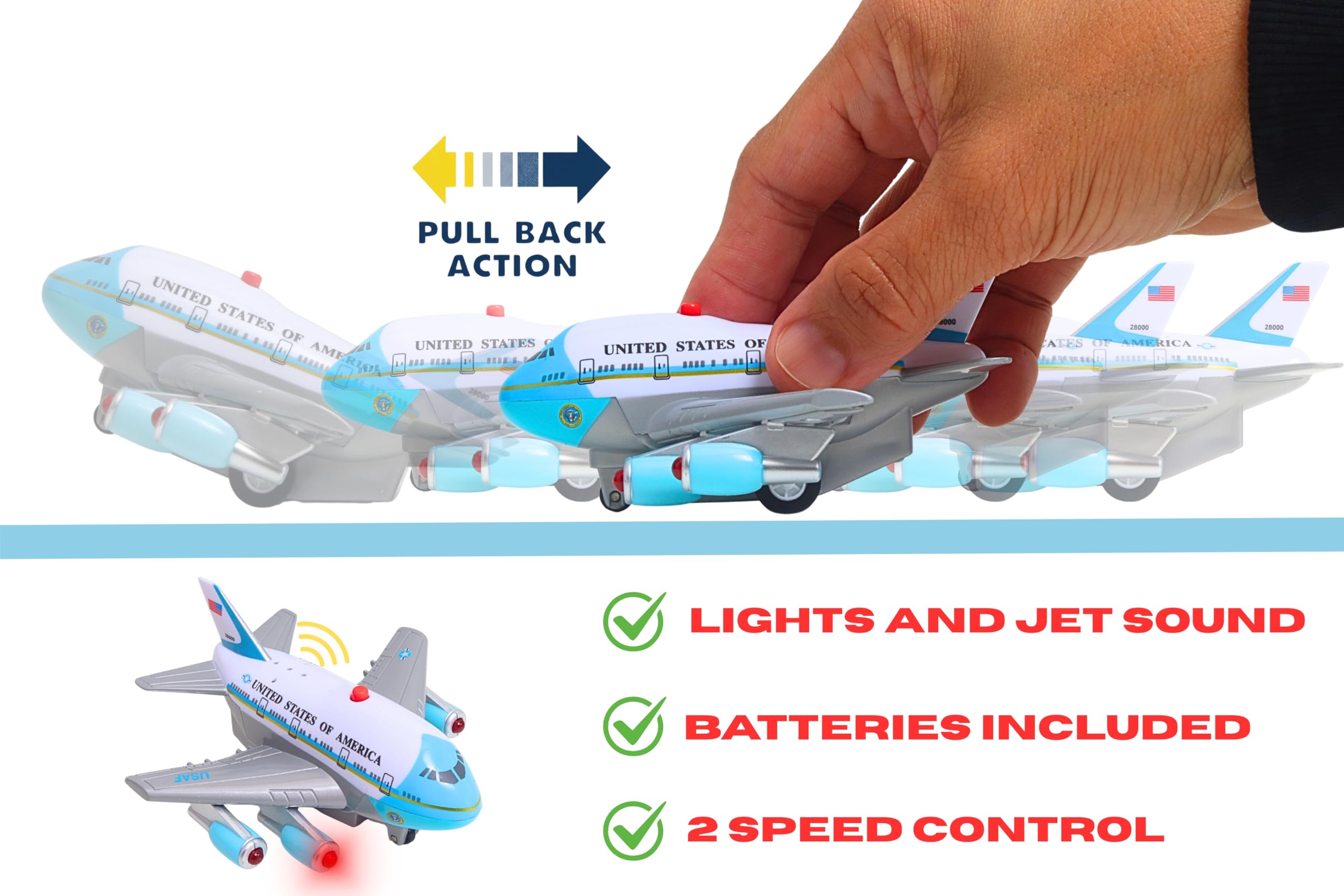 Daron Air Force One Pullback Airplane Toy – Officially Licensed Presidential Aircraft with Lights & Sound – Plastic Model Jet for Kids Ages 3+ - Image 3