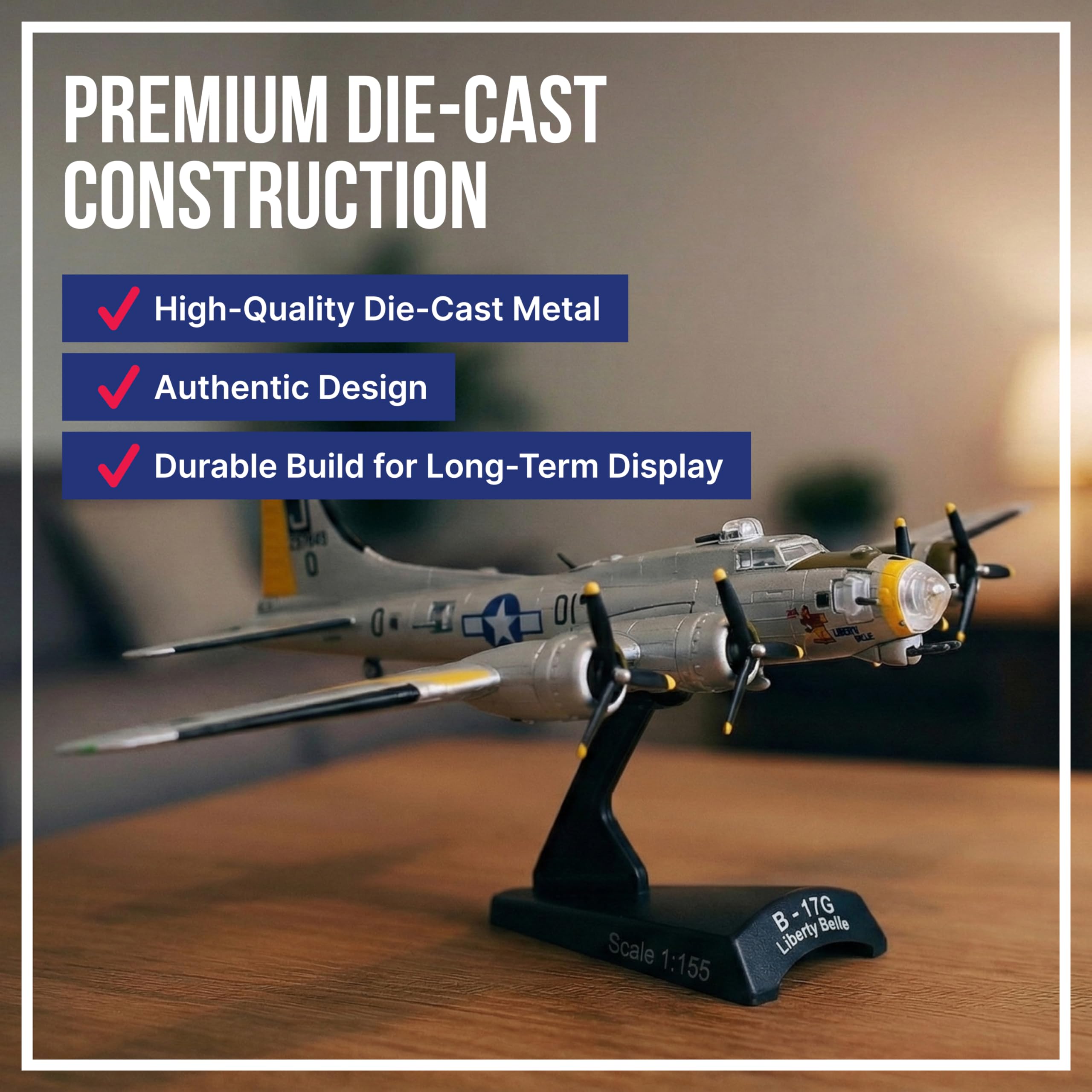 Daron Boeing B-17 Flying Fortress B-17G Die-Cast Model – 1:155 Scale WWII Heavy Bomber Replica with Display Stand, Highly Detailed, 5.75” Length x 8” Wingspan, Adult Collectible Ages 14+ - Image 5