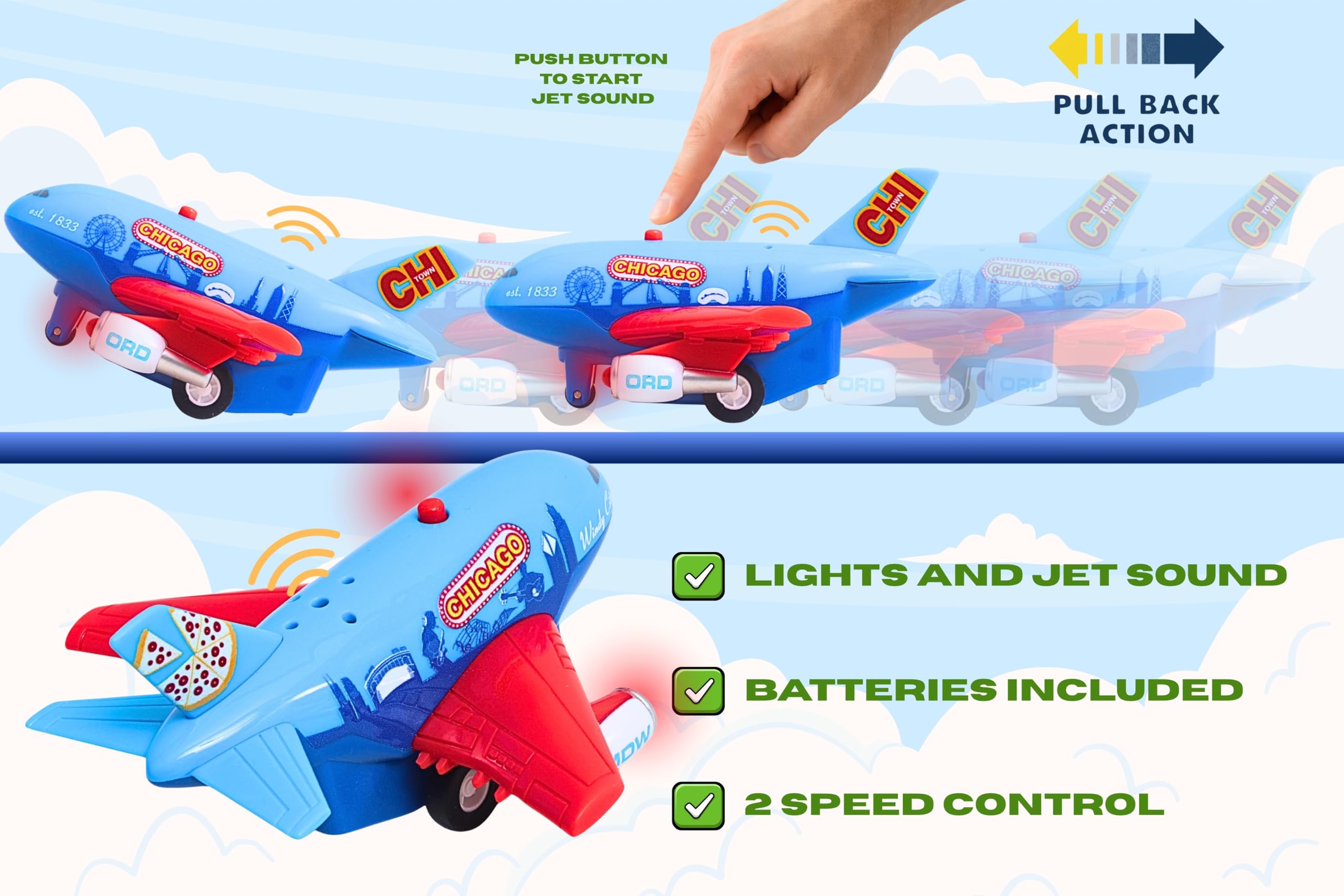 Daron Chicago Pullback Airplane – Light & Sound Jet Toy with Electronic Take-Off Sounds, 4¼-Inch Plastic Aircraft for Kids Ages 3+ - Image 3