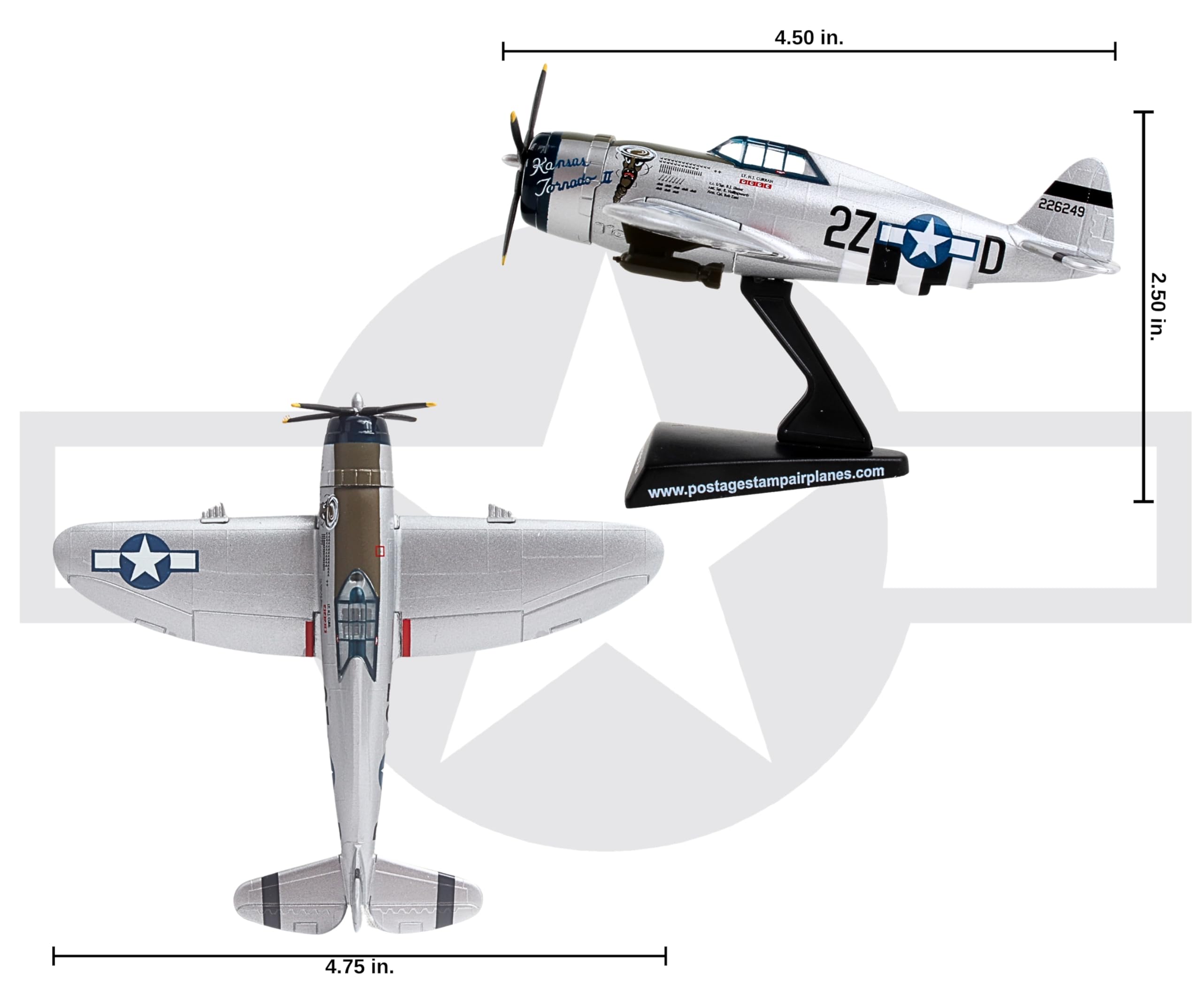 Postage Stamp P-47 Thunderbolt “Kansas Tornado II” 1/100 Die-Cast Collectible WWII Fighter Plane Model – Historic U.S. Army Air Forces Replica with Display Stand – Ages 14+ - Image 5