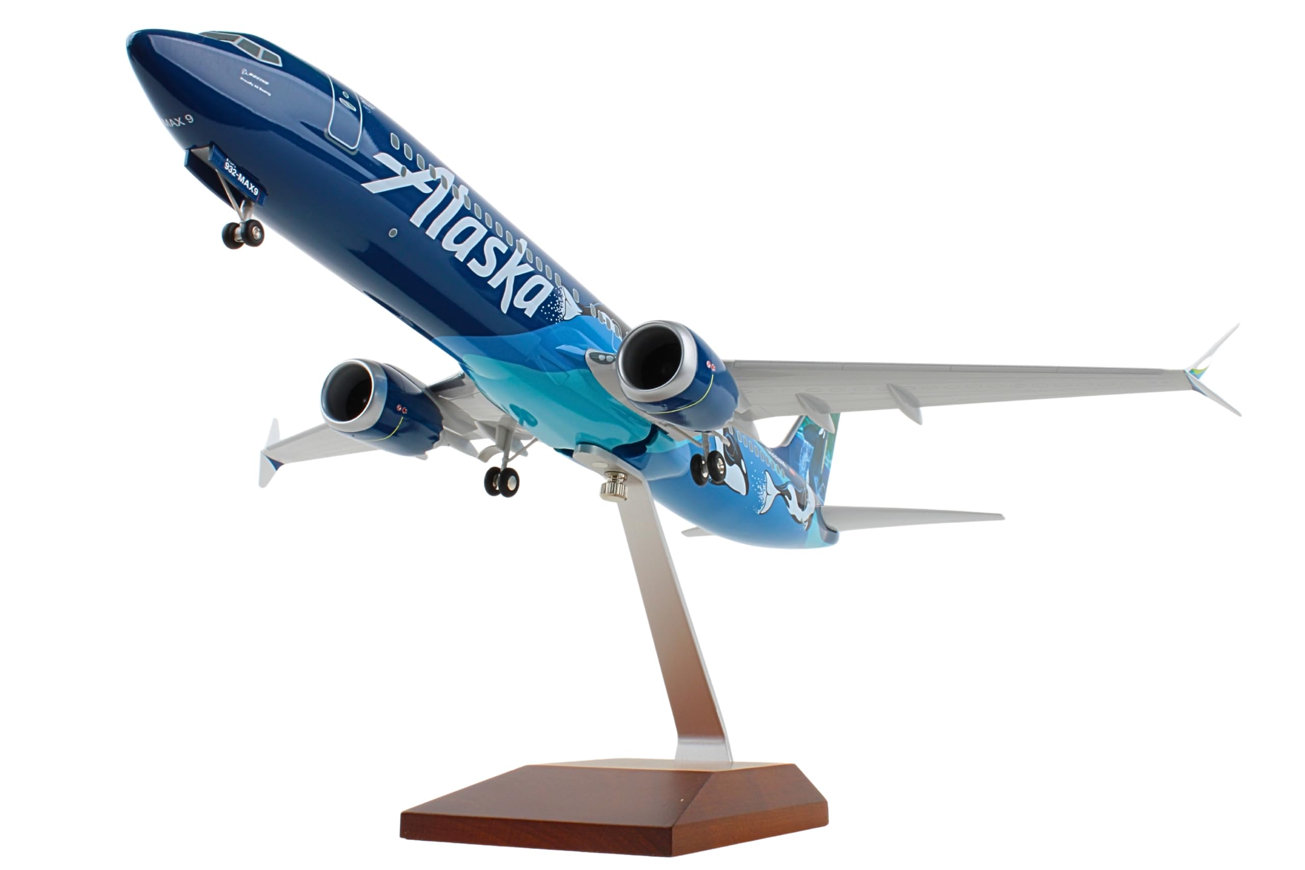 Skymarks Alaska Airlines 737 MAX 9 Orca Model Airplane – 1/100 Scale Detailed Collectible Aircraft with Landing Gear & Wood Display Stand – Injection Molded Plastic Plane for Ages 14+ - Image 7