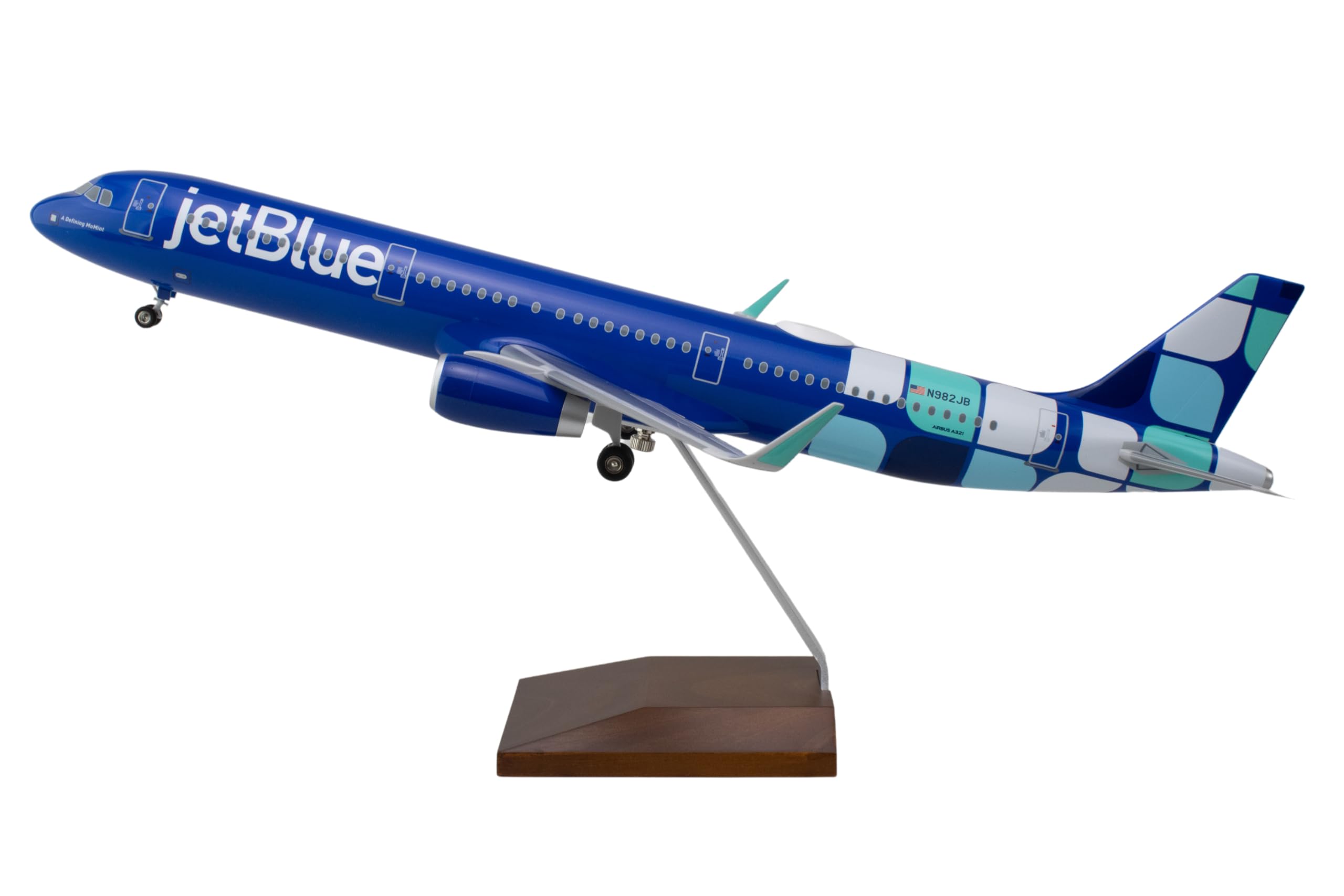 SkyMarks JetBlue Airbus A321 Toy Airplane – 1/100 Scale Collectible Airplane Model with Wood Stand – Injection-Molded Plastic Aircraft Display Model for Aviation Fans Ages 14+ - Image 4